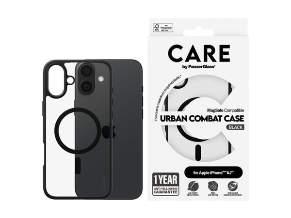 PanzerGlass CARE™ by ® Urban Combat Case Transparent w. Black Frame & MagSafe iPhone 16 Plus, Suojus, Apple, Apple - iPhone 16 Plus, musta