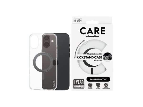 CARE by PanzerGlass - Baksidedeksel for mobiltelefon - MagSafe-samsvar - resirkulert plast - gjennomsiktig, svart - for Apple iPhone 16 Plus