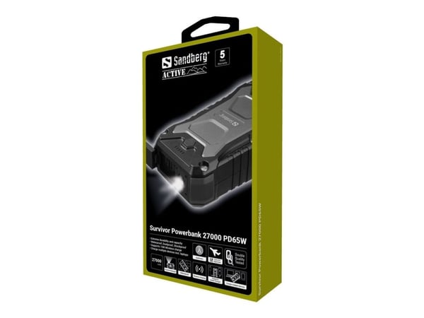 Sandberg Active Survivor - Strømbank - PD - 5 / 9 / 12 / 15 V - 65 watt - 27000 mAh - 99.9 Wh - utgangskontakter: 4 Sandberg Active Survivor - Strømbank - PD - 5 / 9 / 12 / 15 V - 65 watt - 27000 mAh - 99.9 Wh - utgangskontakter: 4
