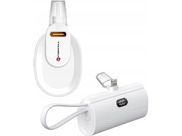 Powerbank ForCell FORCELL F-ENERGY Power Plug F5K3 5.000 mAh med innebygd Lightning 8-PIN PD 20W hvit