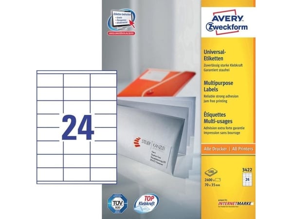 Avery - Hvit - 70 x 35 mm 2400 etikett(er) (100 ark x 24) flerbruks merkelapper