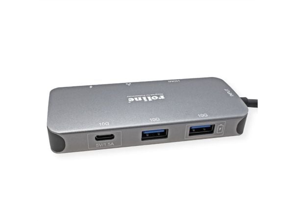 ROLINE 12.02.1121, USB Type-C, HDMI, RJ-45, USB 3.2 Gen 2 (3.1 Gen 2) Type-A, USB 3.2 Gen 2 (3.1 Gen 2) Type-C, 5000 Mbit/s, harmaa, alumiini , 100 W
