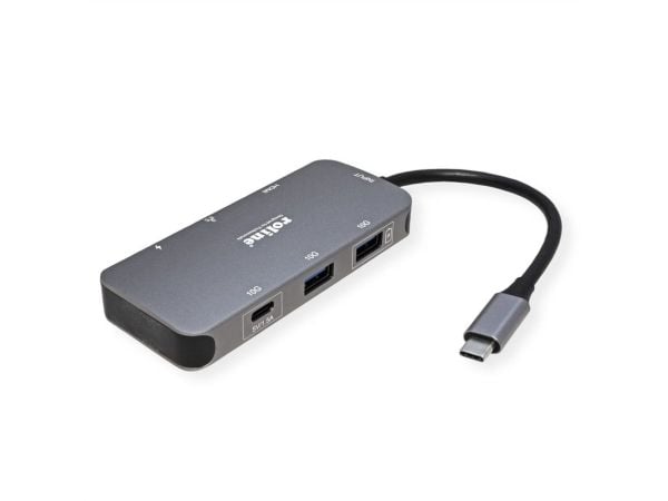 ROLINE 12.02.1121, USB Type-C, HDMI, RJ-45, USB 3.2 Gen 2 (3.1 Gen 2) Type-A, USB 3.2 Gen 2 (3.1 Gen 2) Type-C, 5000 Mbit/s, harmaa, alumiini , 100 W