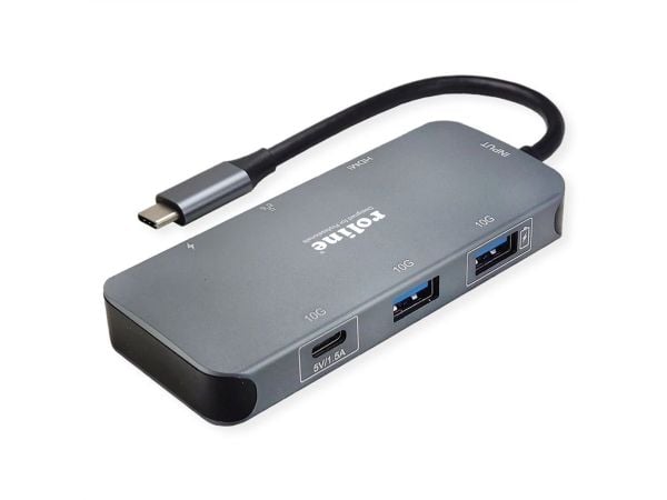 ROLINE 12.02.1121, USB Type-C, HDMI, RJ-45, USB 3.2 Gen 2 (3.1 Gen 2) Type-A, USB 3.2 Gen 2 (3.1 Gen 2) Type-C, 5000 Mbit/s, harmaa, alumiini , 100 W
