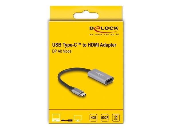 Delock - High Speed - video adapter - 24 pin USB-C hann til HDMI hunn - 15 cm - grå/svart - 4 K 60 Hz (4096 x 2160) støtte, Støtte for DP Alt-modus...