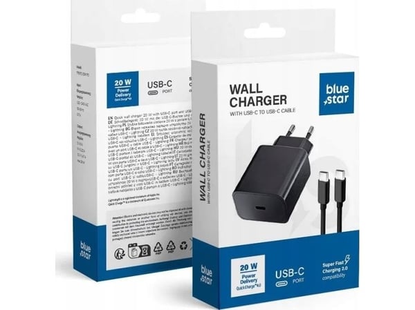 Blue Star vegglader 3A 20W Type C + kabel USB-C til USB-C, PD QC4.0, TFB-TC-20WPD, svart