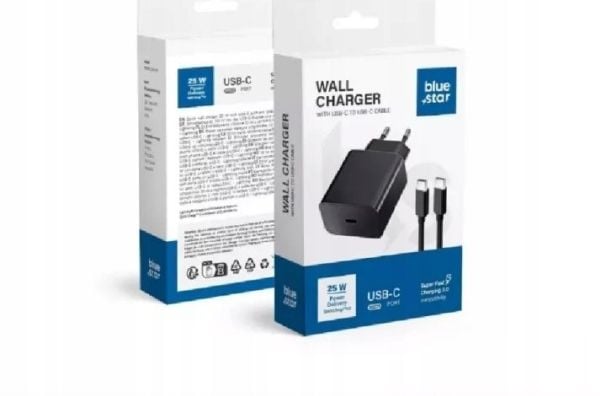 Blue Star nettlader 3A 25W Type C + Type C til Type C-kabel PD QC4.0 TFB-TC-25WPD svart