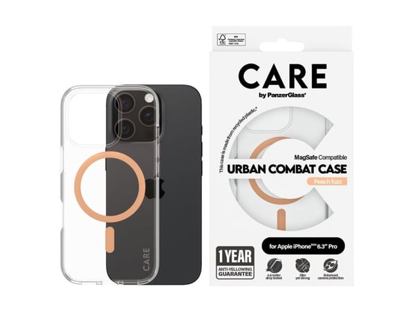 CARE by PanzerGlass - Baksidedeksel for mobiltelefon - MagSafe-samsvar - resirkulert plast - ferskenfarge, blank - for Apple iPhone 16 Pro