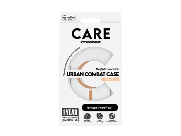 PanzerGlass CARE™ by ® Urban Combat Case Transparent w. Peachy MagSafe iPhone 16 Plus, Suojus, Apple, Apple - iPhone 16 Plus, Läpinäkyvä