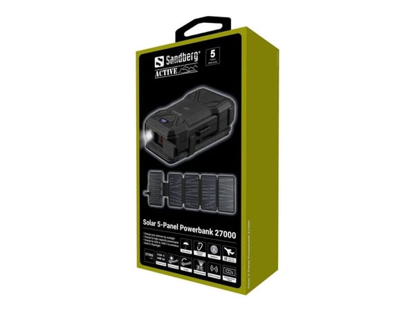 Sandberg Solar PowerBank - Trådløs ladestasjon / solkraftbank - 5-panel - 27000 mAh - 99.9 Wh - 22.5 watt - 1.67 A - PD/PPS 3.3 - 2 utgangskontakte... Sandberg Solar PowerBank - Trådløs ladestasjon / solkraftbank - 5-panel - 27000 mAh - 99.9 Wh - 22.5 watt - 1.67 A - PD/PPS 3.3 - 2 utgangskontakte...