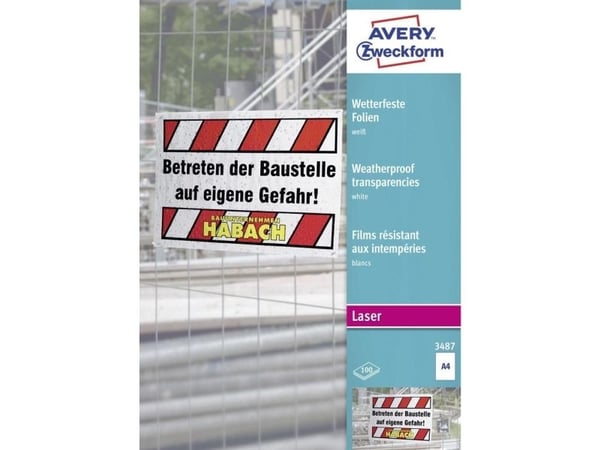 Avery Zweckform 3487 - 130 mikroner - hvit - A4 (210 x 297 mm) 100 ark film