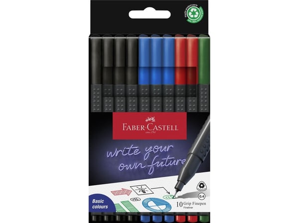 Faber-Castell Grip Finepen, Svart, Blå, Grønn, Rød, 0,4 mm, Fint, Trekant, Metall, Pappeske