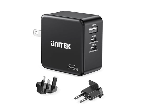 Unitek - Strømadapter - GaN - 65 Wh - 3.25 A - PD, QC 3.0 - 2 utgangskontakter (USB, 2 x USB-C) - svart