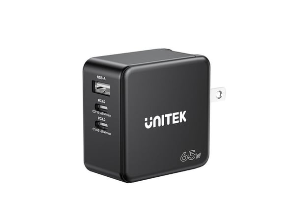 Unitek - Strømadapter - GaN - 65 Wh - 3.25 A - PD, QC 3.0 - 2 utgangskontakter (USB, 2 x USB-C) - svart
