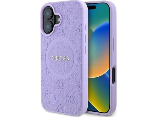 Guess Saffiano Peony Stamp MagSafe iPhone 16 deksel mobilholder lilla