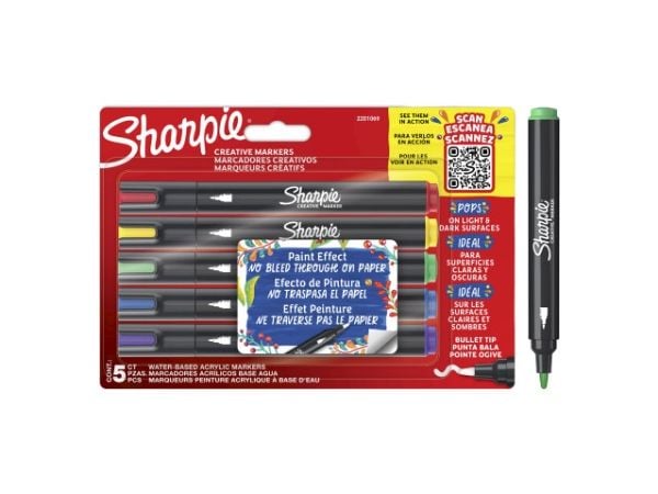 Sharpie 2201069, 5 kpl, Sininen, Vihreä, Punainen, Violetti, Keltainen, Pyöreä pää, musta, Kupla