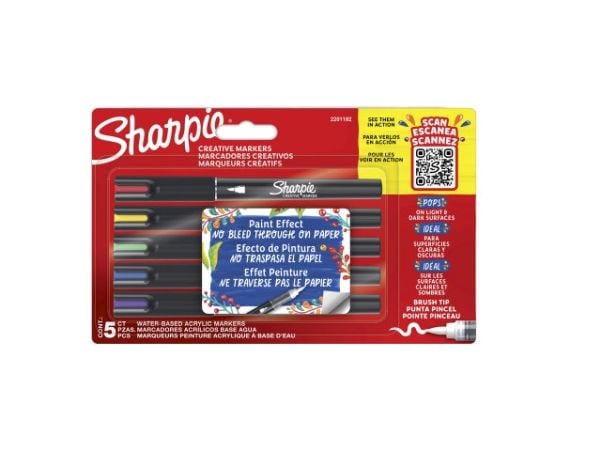 Sharpie 2201182, 5 kpl, Sininen, Vihreä, Punainen, Violetti, Keltainen, Harjaspää, musta, 1,2 mm, Kupla