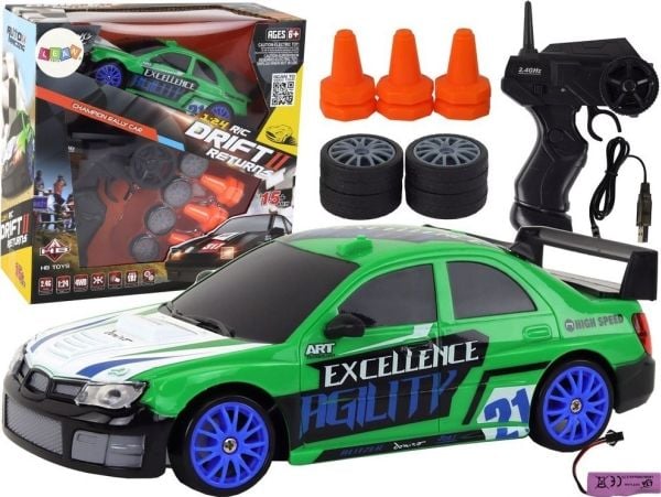 LeanToys sportbil fjärrstyrd R/C 1:24 grön, utbytbara hjul