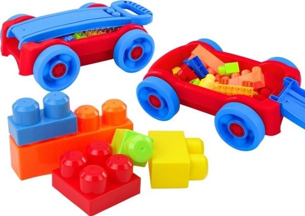LeanToys klossesett i vogn på hjul blå-rød