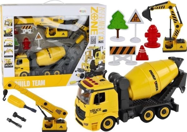 LeanToys byggekjøretøy med lyd og lys 1:12 DIY betongblander, kran og gravemaskin