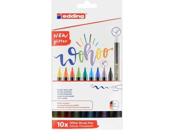 Edding 4-1340-10-4, 10 väriä, Aqua, musta, Sininen, Vihreä, Vaaleanvihreä, Oranssi, Purppura, Punainen, Keltainen, Harjaspää, 1 mm, 6 mm, Monivärinen