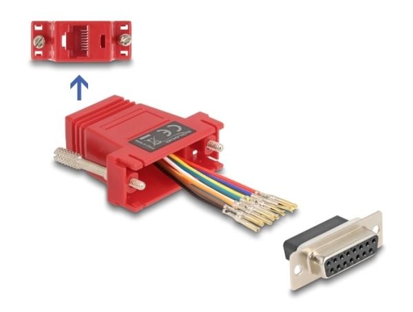 Delock - Seriell adapter - 15 pin D-Sub (DB-15) (hunn) skrubar til RJ-45 (8 pin) (hunn) - individually assignable serial interface - rød