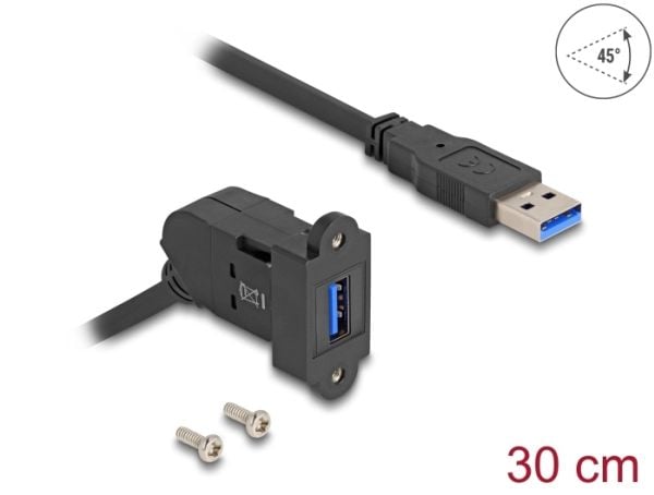 Delock USB 5 Gbps Type-A innebygd stikkontakt 45° vinklet til Type-A-plugg med 30 cm svart kabel