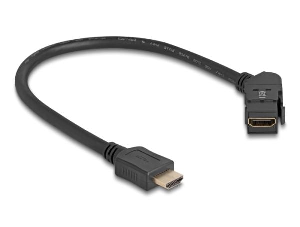 Delock - HDMI-forlengelseskabel - HDMI hunn angled, panel mountable til HDMI hann - 30 cm - svart - Keystone-jakk, 8 K 60 Hz (7680 x 4320) støtte