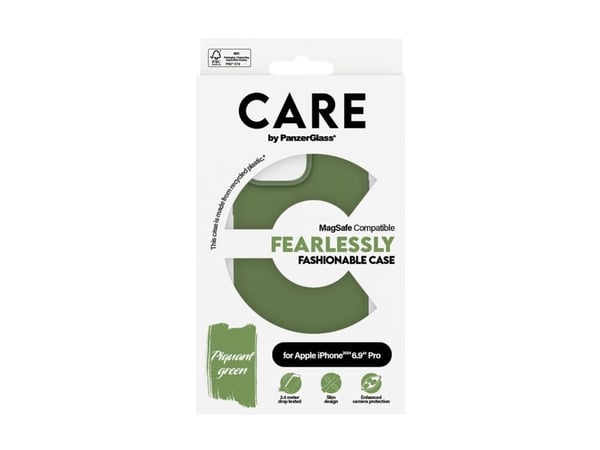 CARE by PanzerGlass - Baksidedeksel for mobiltelefon - MagSafe-samsvar - resirkulert plast - grønn - for Apple iPhone 16 Pro Max