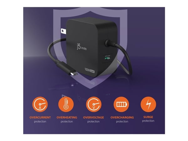 j5create JUP25102V - Strømadapter - GaN - 102 watt - PD 3.0, Smart IC - 2 utgangskontakter (USB-C) - svart