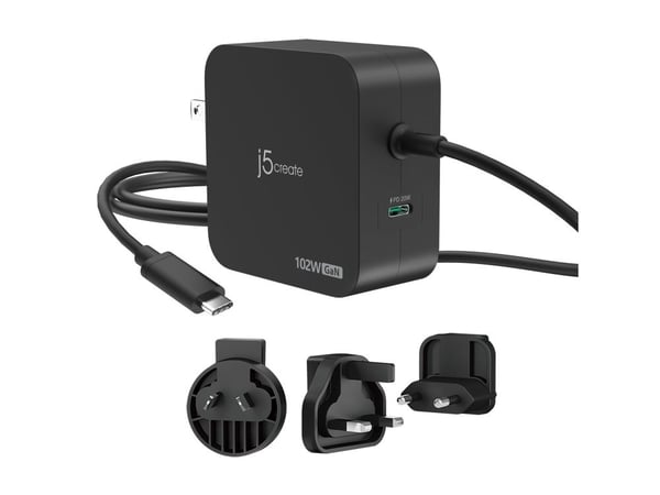 j5create JUP25102V - Strømadapter - GaN - 102 watt - PD 3.0, Smart IC - 2 utgangskontakter (USB-C) - svart