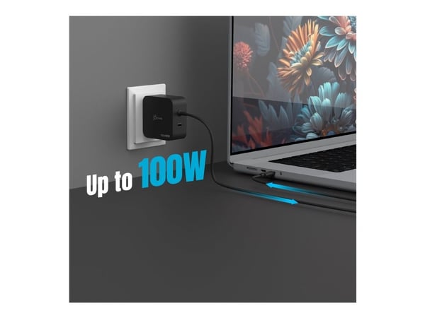 j5create JUP25102V - Strømadapter - GaN - 102 watt - PD 3.0, Smart IC - 2 utgangskontakter (USB-C) - svart