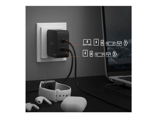 j5create JUP25102V - Strømadapter - GaN - 102 watt - PD 3.0, Smart IC - 2 utgangskontakter (USB-C) - svart