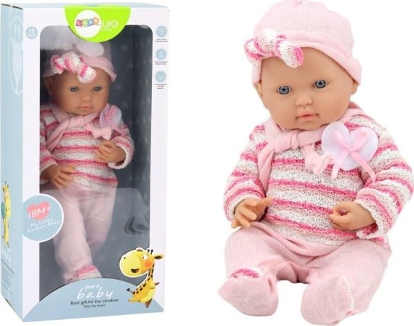 LeanToys dukke Babydress med striper, lue og skjerf rosa