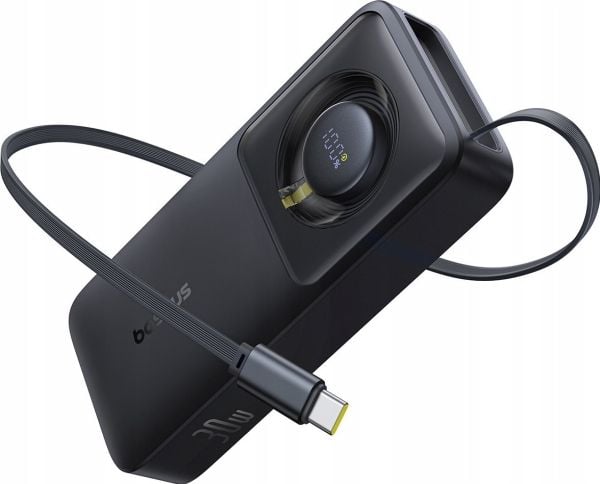 Baseus Free2Pull powerbank 10000mAh 30W med USB-C og uttrekkbar USB-C-kabel - svart