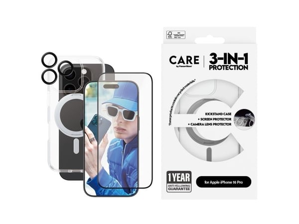 CARE by PanzerGlass - 3-i-1 beskyttelsespakke - baksidedeksel for mobiltelefon - MagSafe-samsvar - resirkulert plast - for Apple iPhone 16 Pro