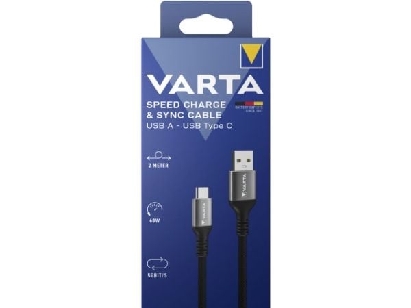 Varta 57935, 2 m, USB A, USB C, 5 Gbit/s, musta, Harmaa