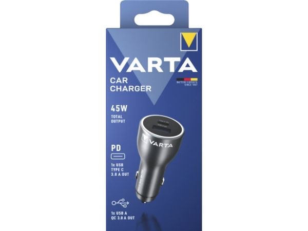 Varta - Bilstrømadapter - 45 watt - 3 A - QC, PD - 2 utgangskontakter (USB, 24 pin USB-C)