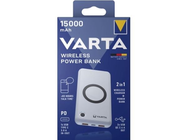 Varta - Trådløs nødlader - 2-i-1 - Li-pol - 15000 mAh - 55.5 Wh - 20 watt - 3 A - PD, QC 3.0 - 3 utgangskontakter (2 x USB, USB-C)