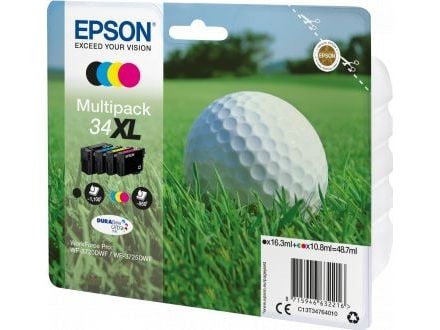 Epson Golf ball Multipack 4-colours 34 XL Black/Std. CMY DURABrite Ultra Ink, Korkea (XL) värintuotto, Musta, Syaani, Magenta, Keltainen, Väriainep...
