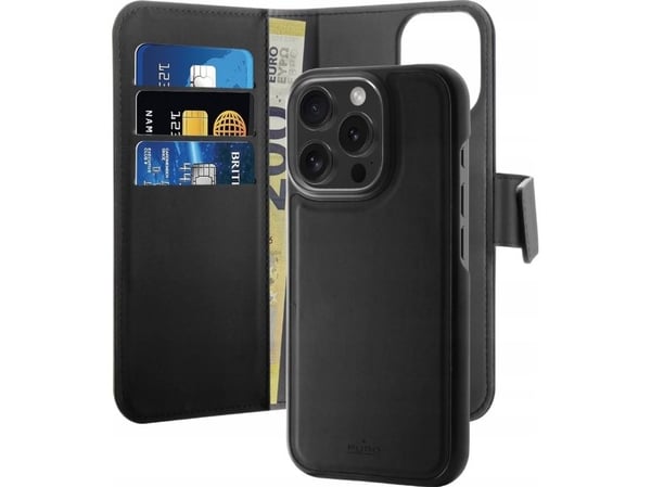 Etui z ekoskóry Puro Wallet Detachable MagSafe 2w1 z klapką i portfelem do iPhone 16 Pro - lajittelu