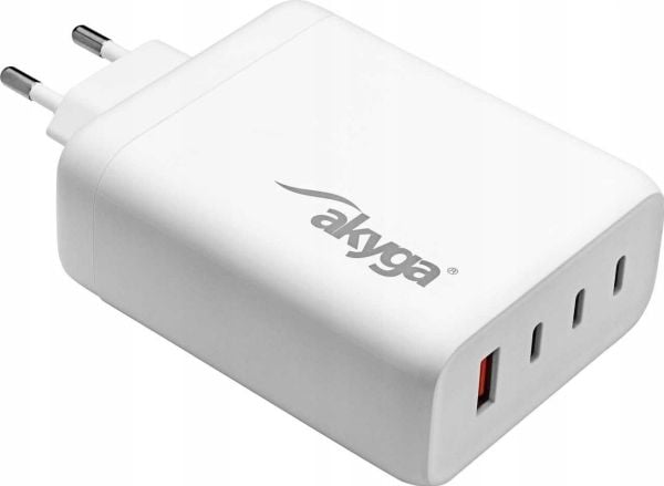 Akyga AK-CH-24 - Strømadapter - 140 watt - 5 A - PD 3.0, QC 3.0, GaNFast - 4 utgangskontakter (USB, USB-C) - hvit