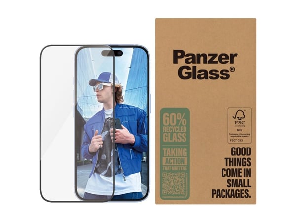 PanzerGlass - Skjermbeskyttelse for mobiltelefon - ultrabred passform - glass - rammefarge svart - for Apple iPhone 15, 16