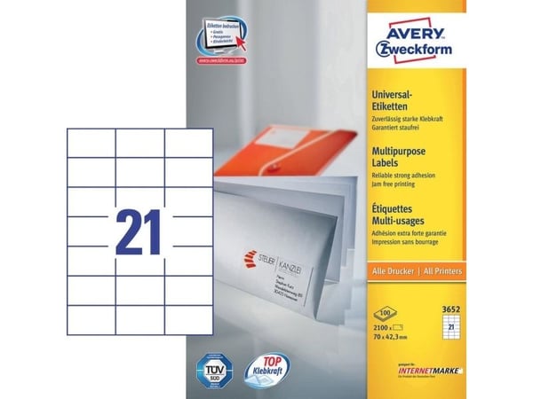 Avery - Hvit - 42.3 x 70 mm 2100 etikett(er) (100 ark x 21) merkelapper