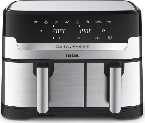 Tefal Dual Easy Fry & Grill EY905D, Varmluftsfrityr, 8,3 l, Dobbel, Rustfritt stål, Berøringskontroll, Enkeltstående