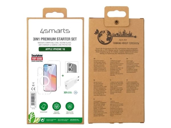 4smarts 3in1 Premium Starter Set, Läpinäkyvä, Valkoinen, 9H, Apple, iPhone 16, 50 g, 180 mm