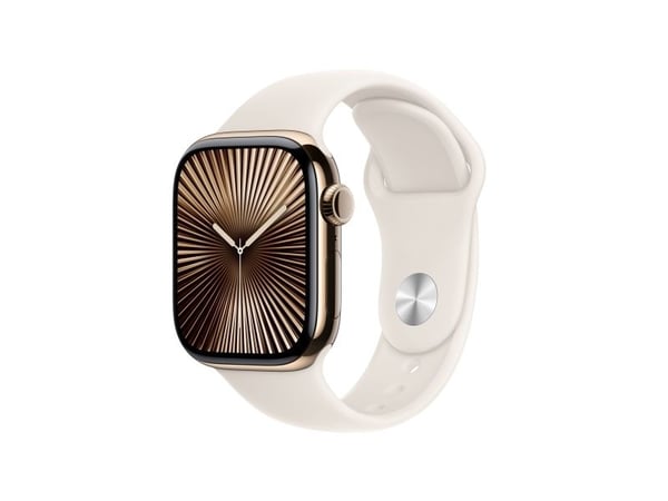 Apple Watch Series 10 (GPS + Cellular) - 42 mm - gull titan - smartklokke med sportsbånd - fluorelastomer - stjernelys - båndbredde: M/L - 64 GB - ...