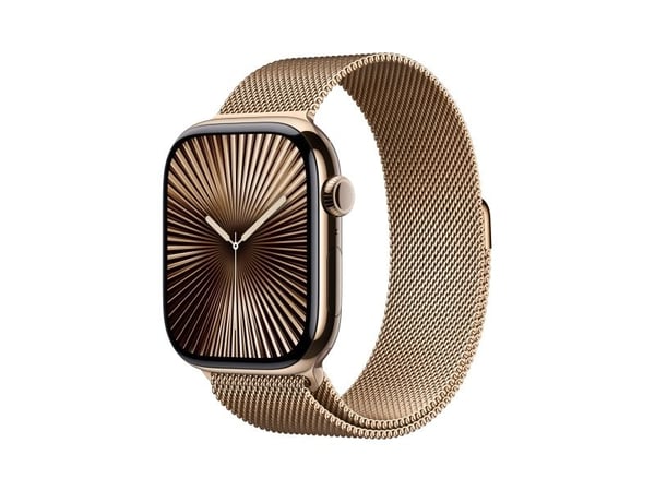 Apple Watch Series 10 (GPS + Cellular) - 46 mm - gull titan - smartklokke med fint strikket løkke - nett av rustfritt stål - gull - båndbredde: M/L...