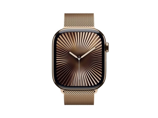 Apple Watch Series 10 (GPS + Cellular) - 46 mm - gull titan - smartklokke med fint strikket løkke - nett av rustfritt stål - gull - båndbredde: M/L...