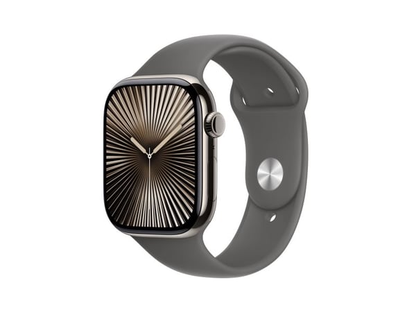 Apple Watch Series 10 (GPS + Cellular) - 46 mm - naturlig titan - smartklokke med sportsbånd - fluorelastomer - steingrå - båndbredde: S/M - 64 GB ...